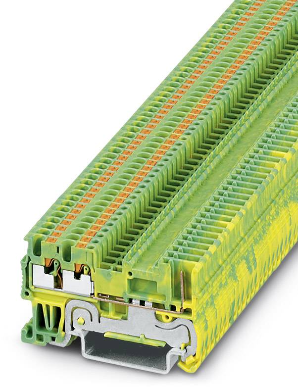 Zöld-sárga sorkapocs több csatlakozóval és fémtalpazattal, elektromos áramkörök kialakítására tervezve.