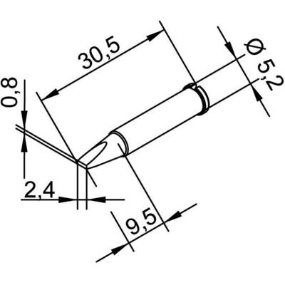 Műszaki rajz egy forrasztócsúcs-betétről méretekkel: 0,8 mm, 2,4 mm, 9,5 mm hosszúság; átmérő: 5,2 mm; teljes hossz: 30,5 mm.