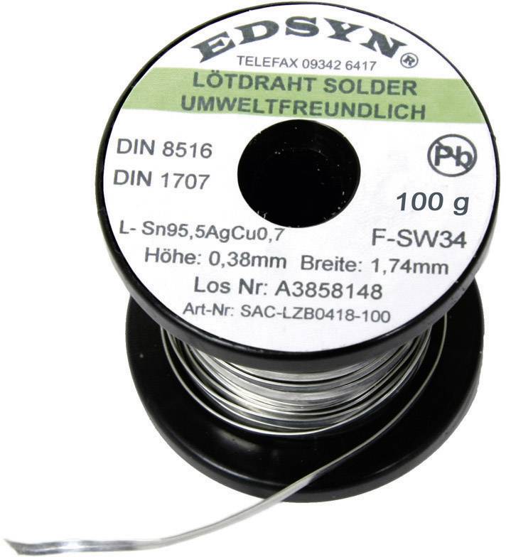 Forrasztóbarát forrasztóónnal ellátott tekercs, 'EDSY, környezetbarát' felirattal. Méret: 0,38 mm x 1,74 mm. Súly: 100 g.