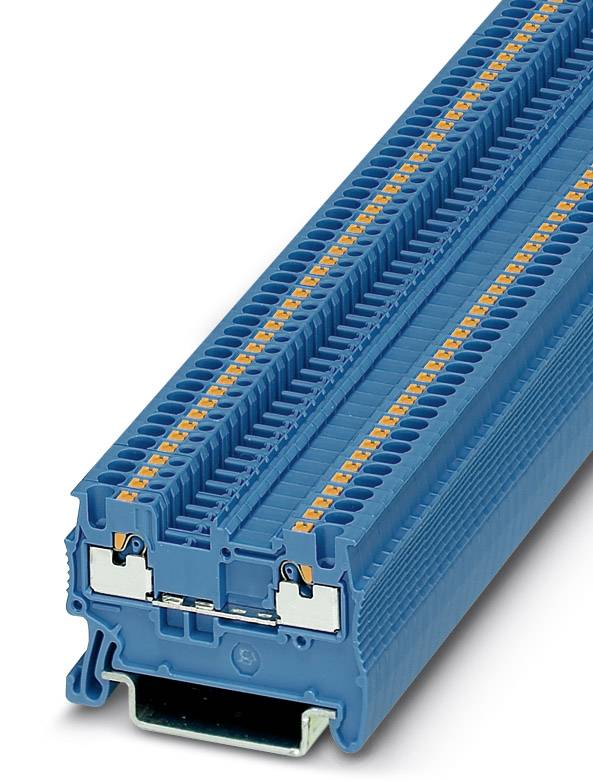 Egy kék sorkapocs egy elektromos alkalmazásokhoz használt két sor csatlakozási ponttal, oldalnézetben.