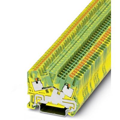Sárga-zöld védővezető színkódú elektromos sorkapocs, amely a kontaktusok és csatlakozók mechanizmusát metszetben mutatja.