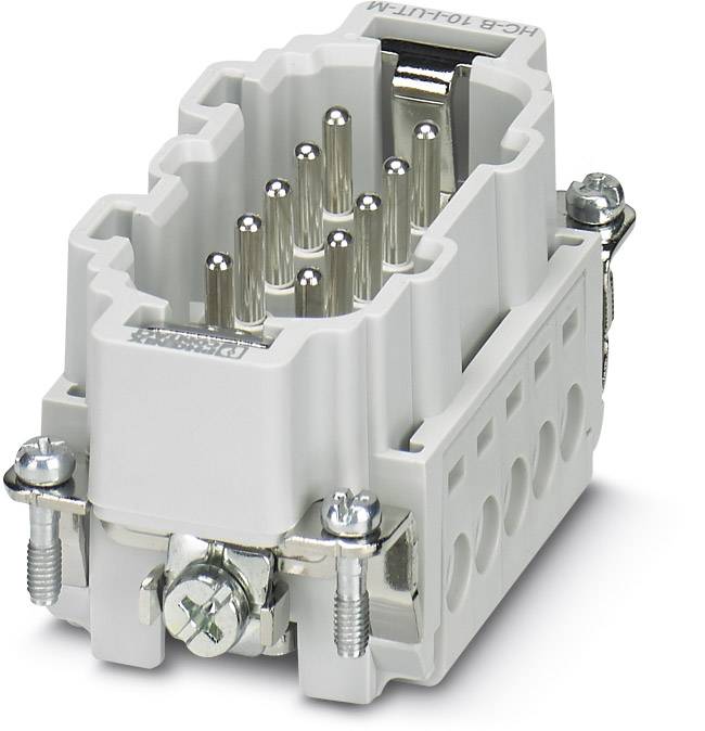 Ipari csatlakozó téglalap alakú házzal, több fémcsappal és csavarral, alkalmas robosztus elektromos kötésekhez.