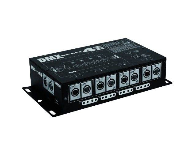 Egy hatcsatornás DMX-elosztómodell, 'DMX-SP 4E' felirattal. A fénytechnikai rendszerek DMX-jelfolyamának javítására.