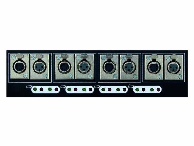 Egy panel hat XLR-csatlakozóval, amelyek alatt hat színes LED-kijelző található. A csatlakozók audiokapcsolatok számára lettek kialakítva.
