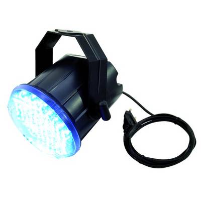 Egy kék LED-reflektor fekete házban, amelynek kábele a készülék mellett feltekerve. Ideális színpadi világításhoz.