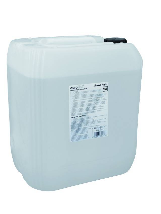Egy fehér kanna fekete kupakkal, amelyen 'Snow-fluid' felirat olvasható, 25 liter folyadékot tartalmaz.