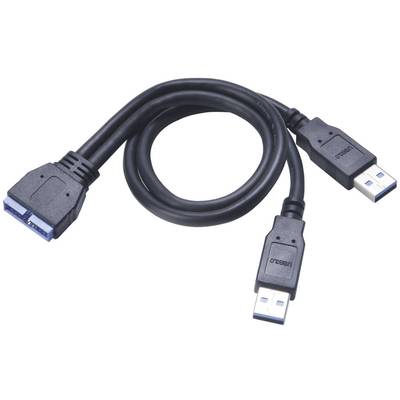 USB 3.0 átalakító kábel, 19 pólusú csatlakozóról 2 db USB A dugóra, 30 cm, Akasa