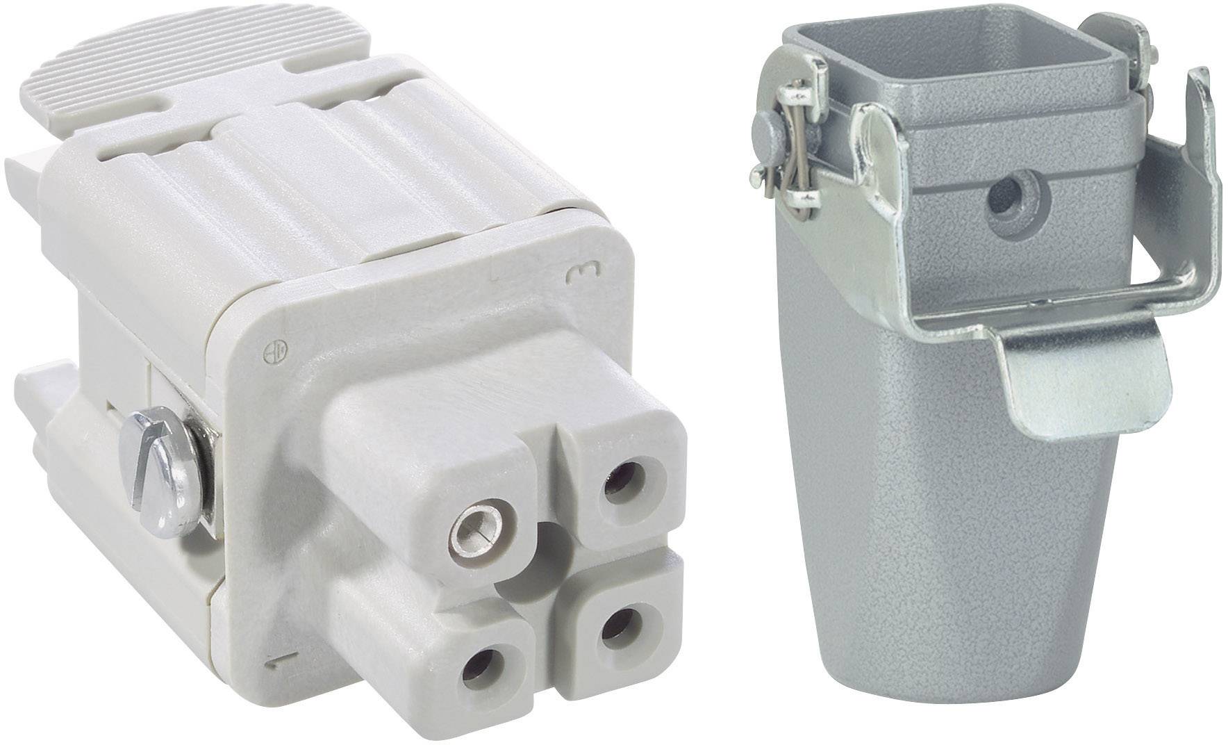 Egy szürke, hárompólusú csatlakozódugó egy hozzá illő, kapoccsal ellátott csatlakozóaljzat mellett, mindkettő műanyagból.