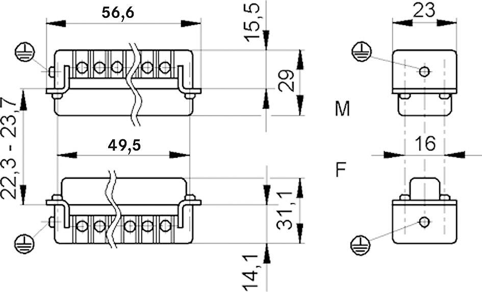 Műszaki rajz egy elektromos csatlakozóról részletes méretekkel: 56,6 mm szélesség, 22,3-23,7 mm magasság, 31,1 mm mélység.