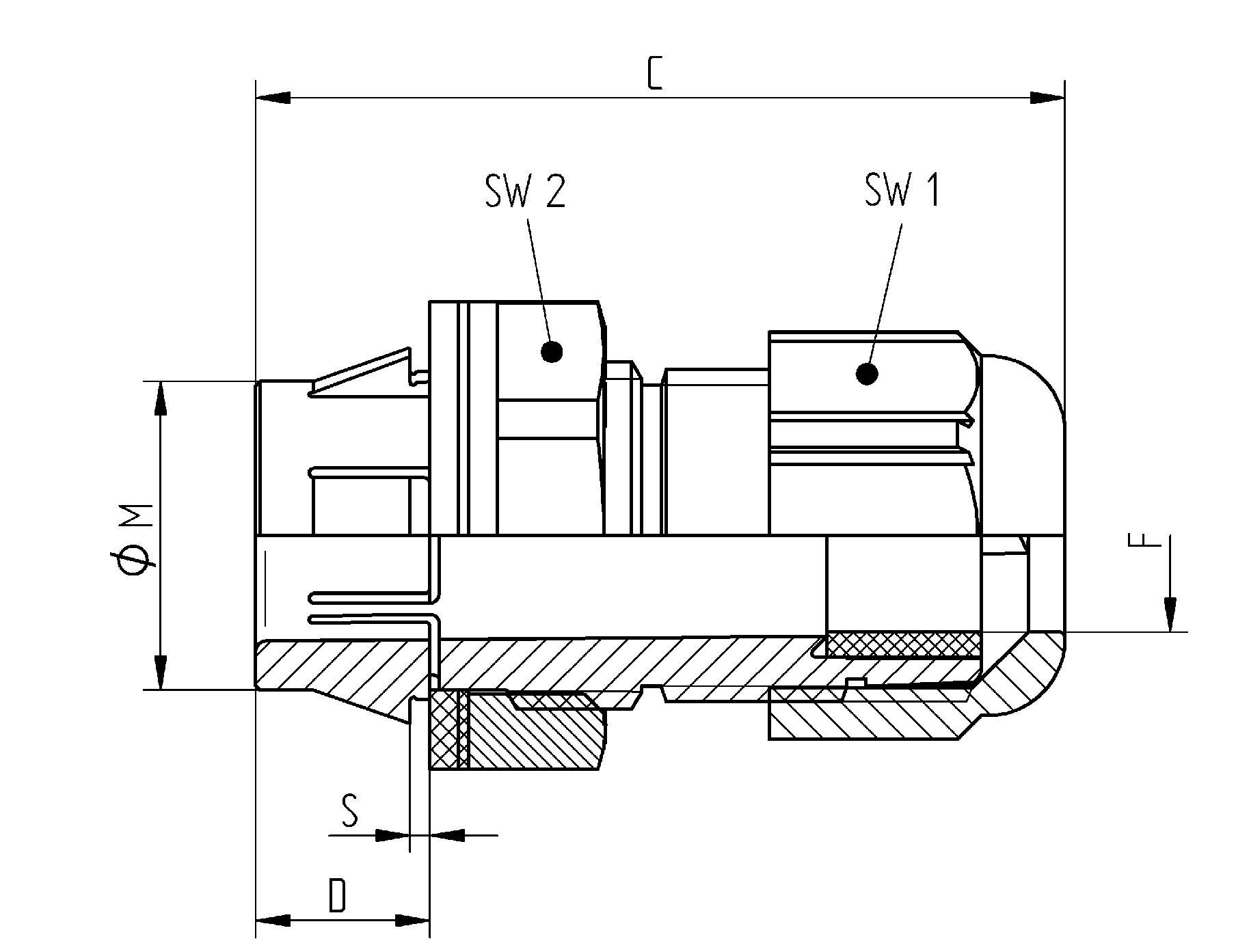 Egy mechanikai alkatrész műszaki rajza méretjelölésekkel, átmérőkkel és kulcsméretekkel. Vonal- és metszeti nézet.