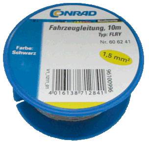 Egy tekercs járművezeték, 10 méter, FLRY típus, fekete, 1,5 mm² keresztmetszet. Gyártó Conrad, cikkszám 60 62 41.