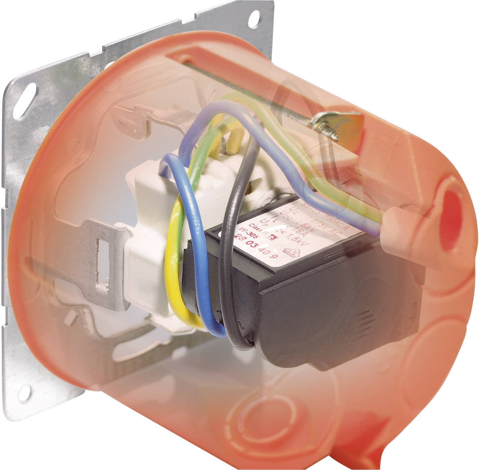 Egy narancssárga házban lévő elektromos kapcsoló, látható kábelekkel és fémrögzítésekkel.
