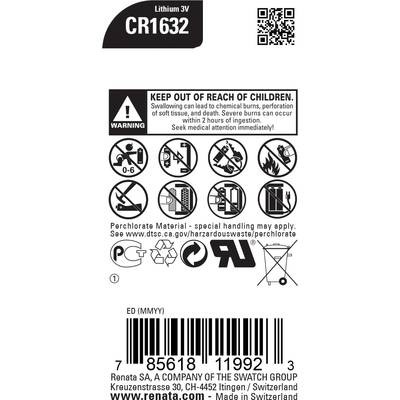 CR1632 lítium gombelem, 3 V, 137 mA, Renata BR1632, DL1632, ECR1632, KCR1632, KL1632, KECR1632, LM1632-3