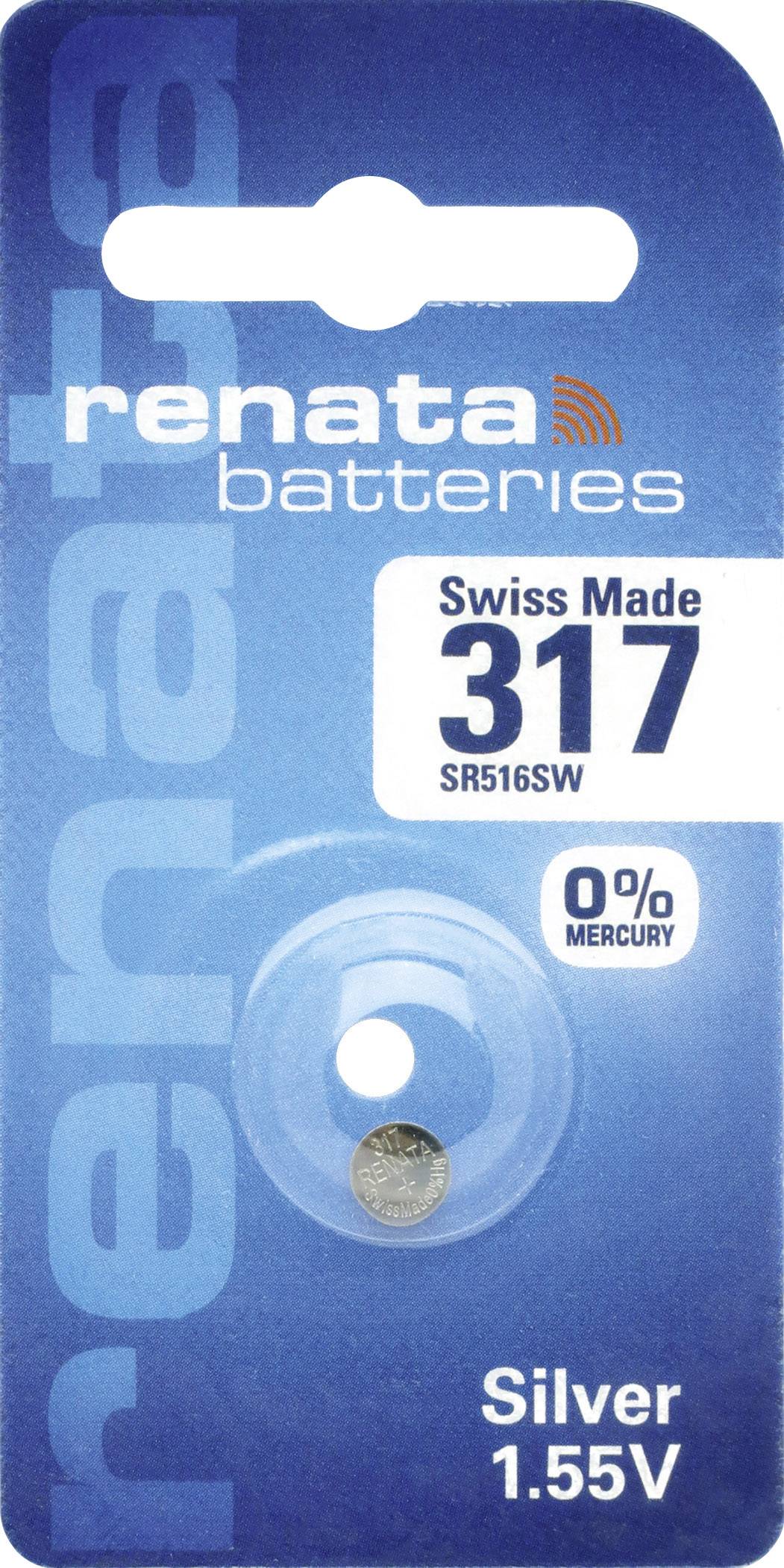 Renata márkájú elem, 317-es modell, ezüst, 1,55V, 0% higany, Swiss Made. A csomagolás egy darab gombelemet mutat.
