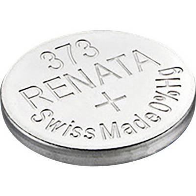 Ezüst gombelem akkumulátor, amelyen a '373 Renata Swiss Made' felirat olvasható. Gyakran használják órákban és kisméretű elektronikai eszközökben.