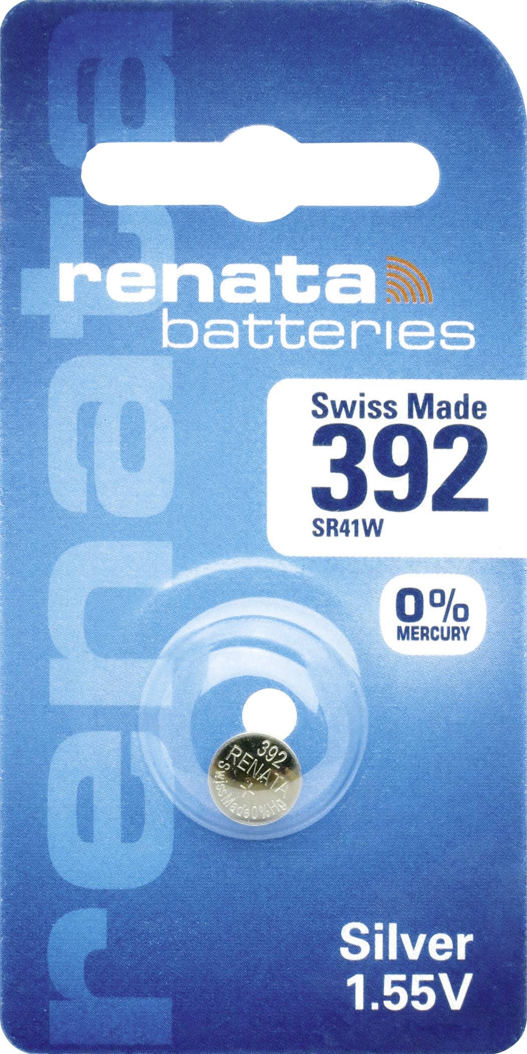 Renata elem 392 típus, svájci gyártmány, SR41W, higanymentes, 1,55V, ezüst; a csomagolás egy kerek gombelemet mutat.