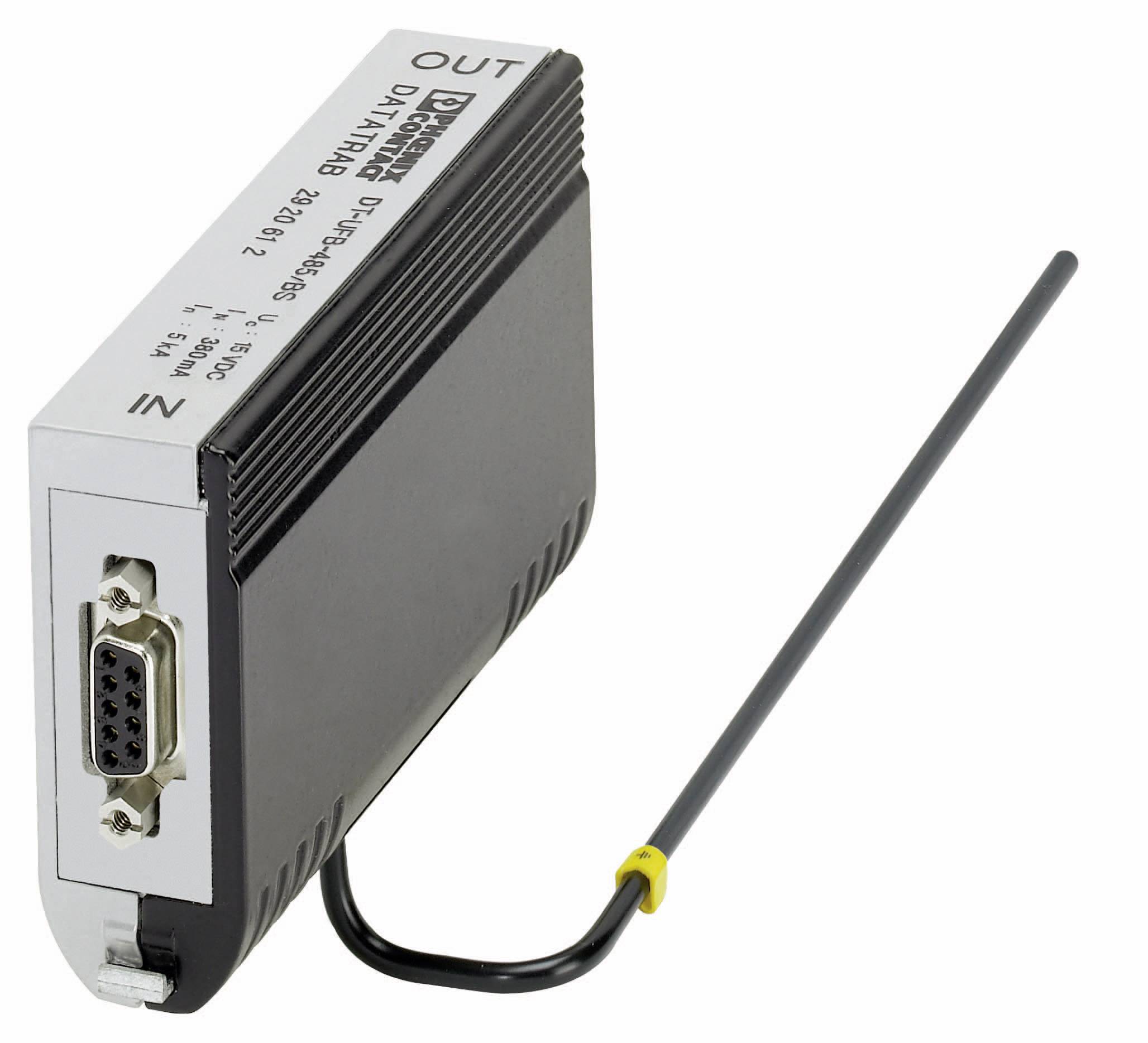 Elektronikus modul COM-port csatlakozóval, fekete házban és antennával. A modulon lévő felirat: 'Datalog Datatag DB-2'.