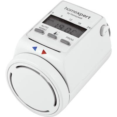 Egy fehér, digitális termosztát a 'homexpert by Honeywell' márkától, amelyen látható az aktuális hőmérséklet és manuális vezérléshez szükséges kezelőgombok.