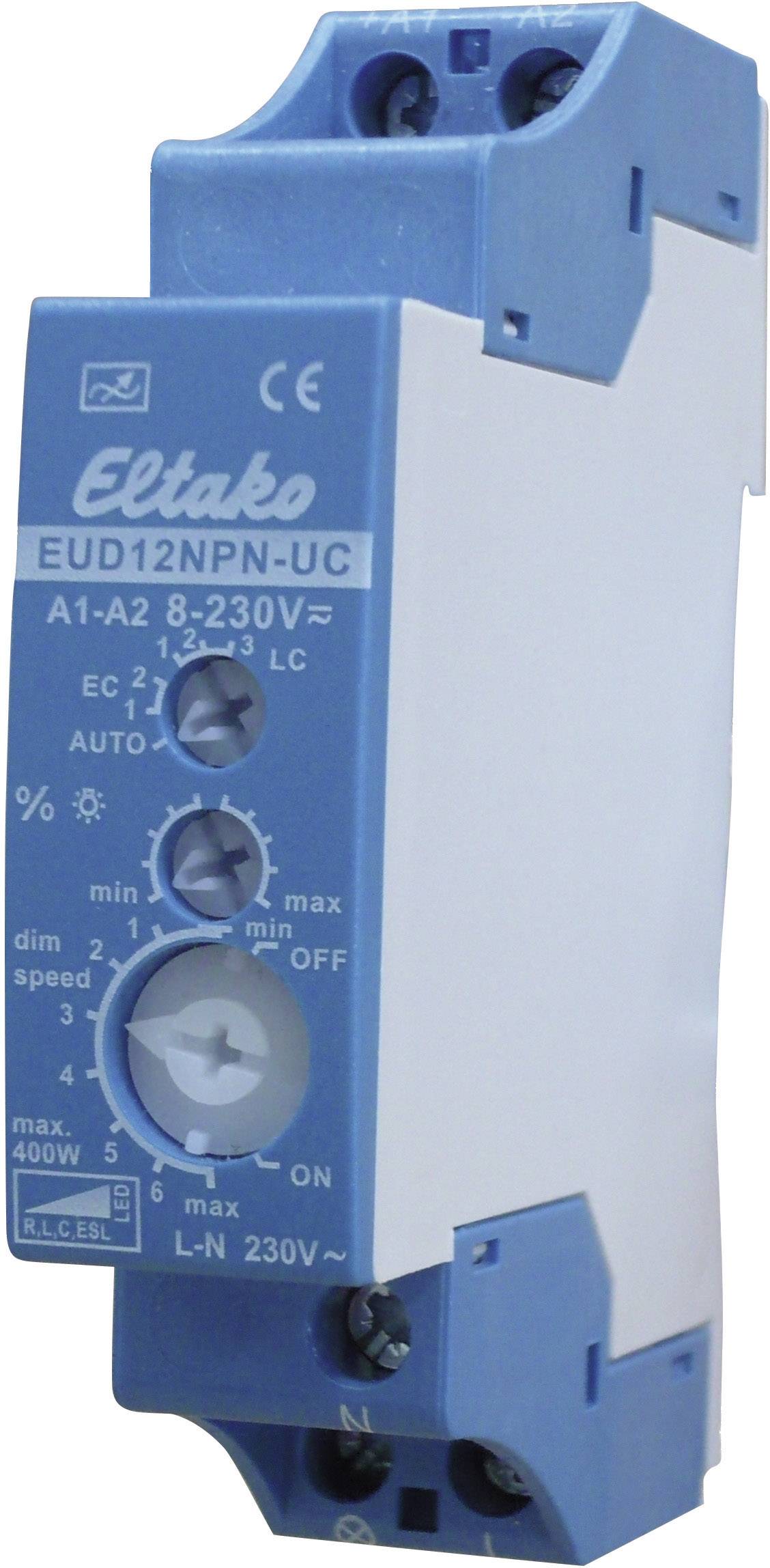 Kék házas elektronikus relé, Eltako EUD12NPN-UC modell, elektromos készülékek vezérlésére, 8-230V feszültség.
