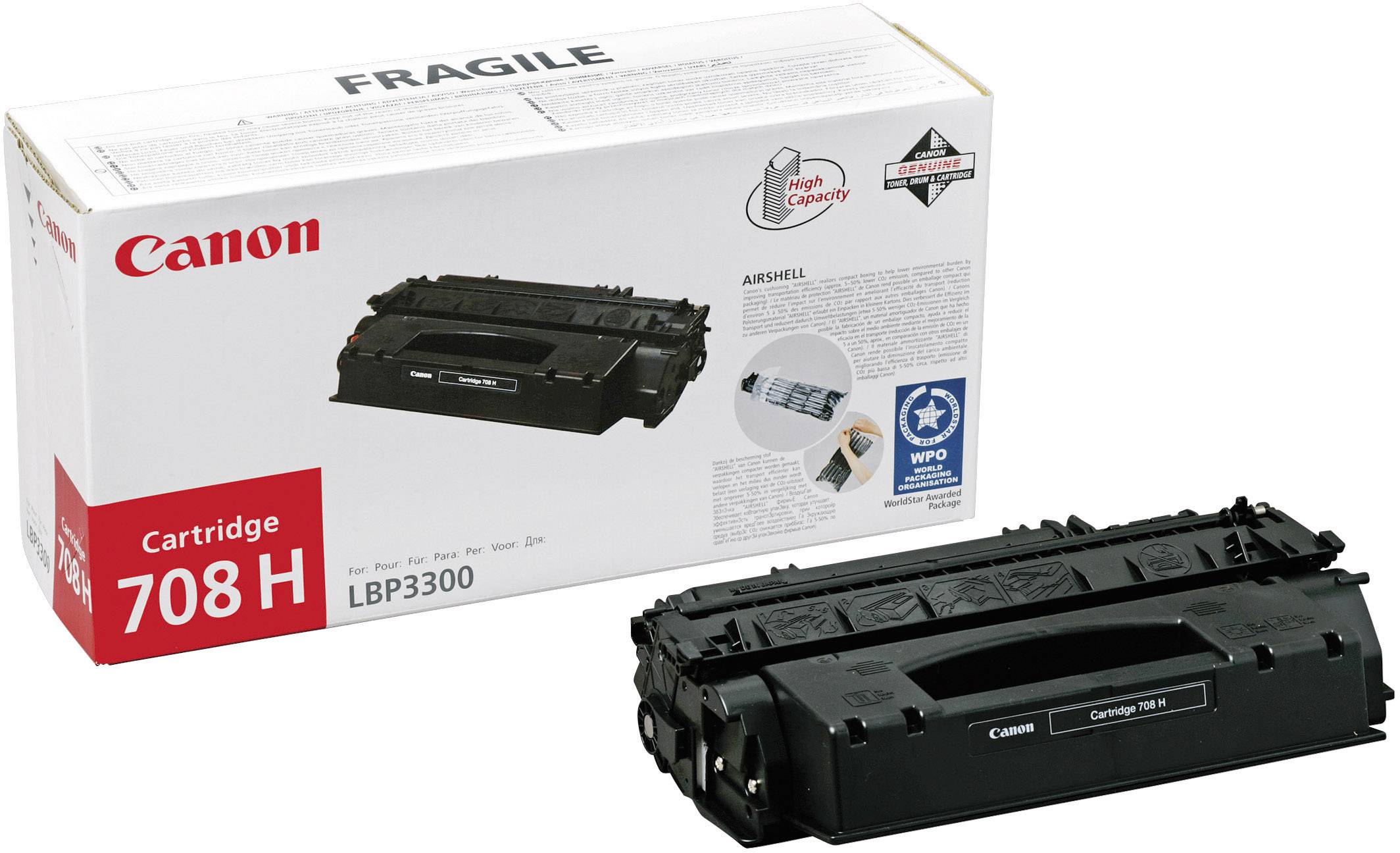 Canon 708 H tonerkazetta a LBP3300 nyomtatómodellhez, eredeti csomagolásban. A dobozon szereplő szövegek: 'TÖRÉKENY', 'Nagy kapacitású'.