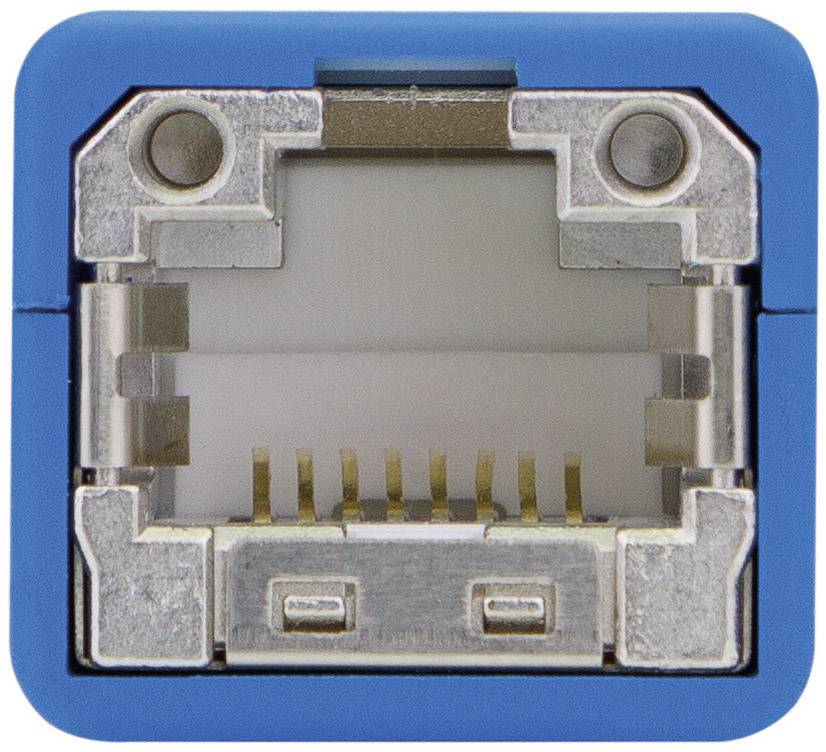 Ethernet-csatlakozó közeli felvétele, négyzet alakú, kék kerettel, fémes érintkezőkkel belül.