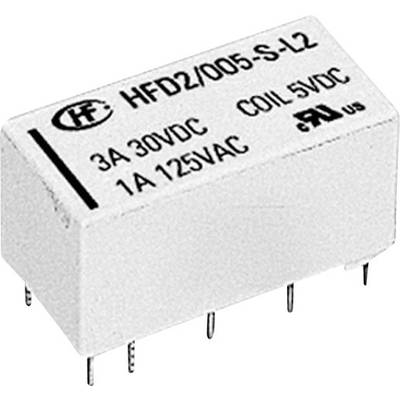 Egy téglalap alakú relé a következő feliratokkal: 'HFD2/005-S-L2', '3A 30VDC', '1A 125VAC', 'COIL 5VDC'. Több csatlakozóval az alsó részén.