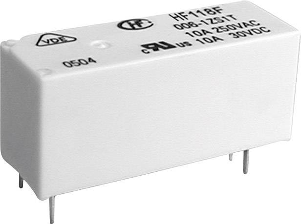 Fehér, téglalap alakú relé 'HF118F' felirattal, műszaki specifikációkkal: 10A 250VAC, 10A 30VDC, két csatlakozó érintkezővel.