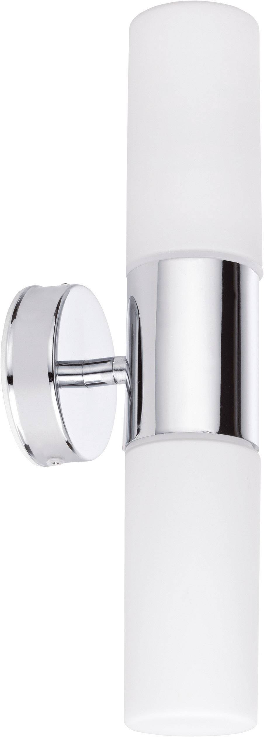 Modern, henger alakú fali lámpa króm tartóval és fehér üveg diffúzorral, függőlegesen felszerelve.