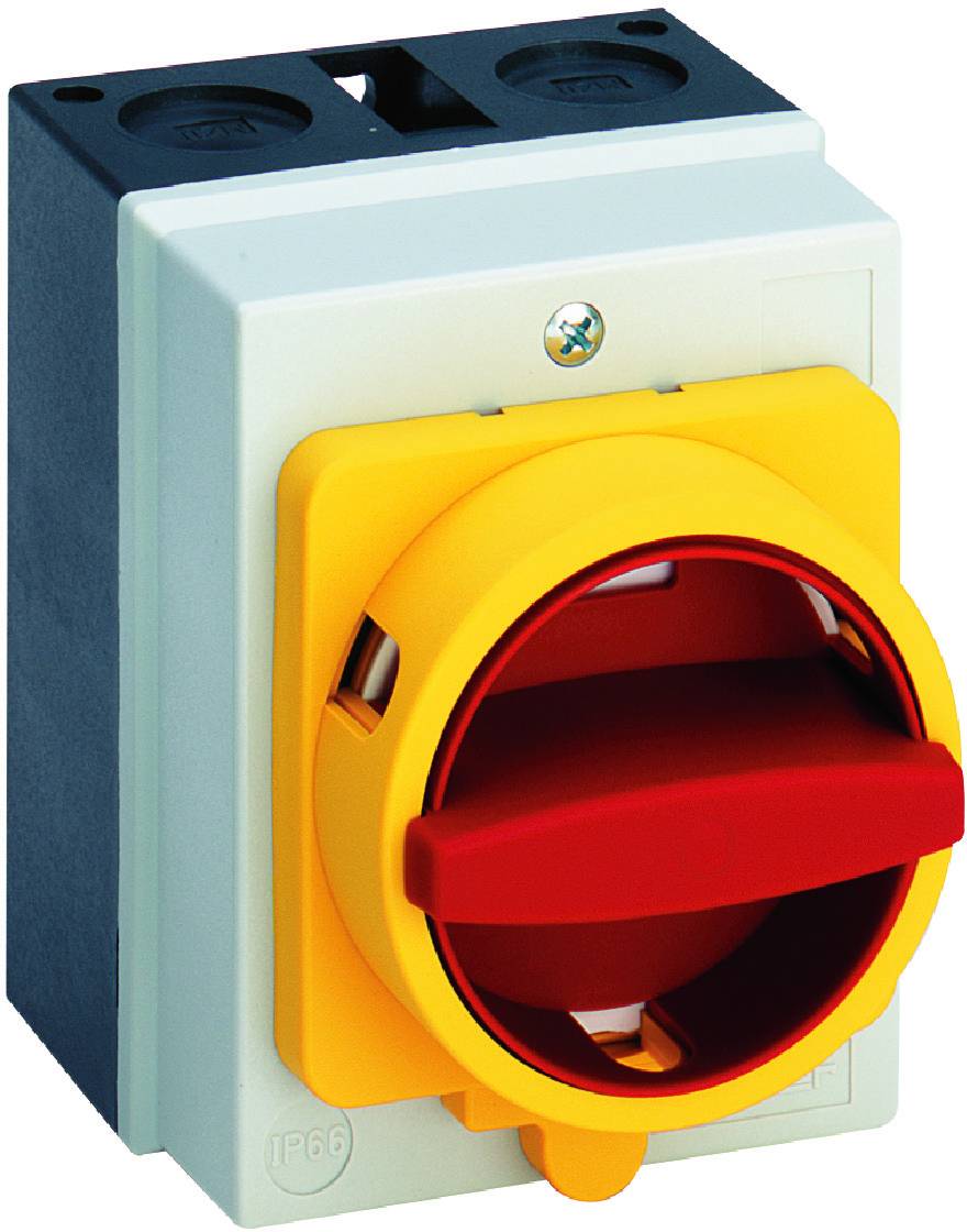 Egy piros és sárga be-ki kapcsoló szürke háttér előtt, amelyet gyakran használnak ipari biztonsági vezérlőrendszereknél.