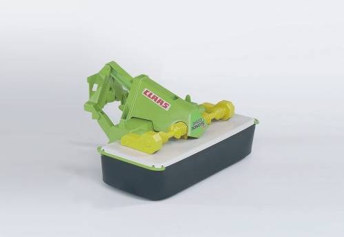 Egy zöld CLAAS mezőgazdasági gép alkatrészének modellje sárga és fekete részletekkel, fehér felületen bemutatva.