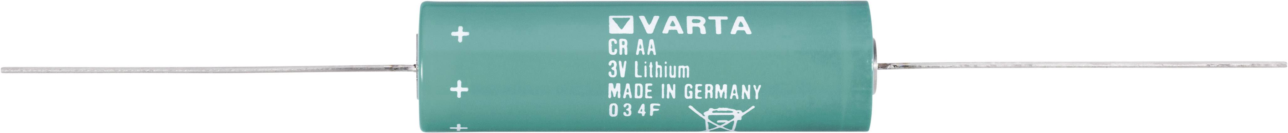 Zöld axiális elektrolit kondenzátor a Vartától, a 'VARTA CR 1/2AA 3V 950mAh' és 'Made in Germany' felirattal.