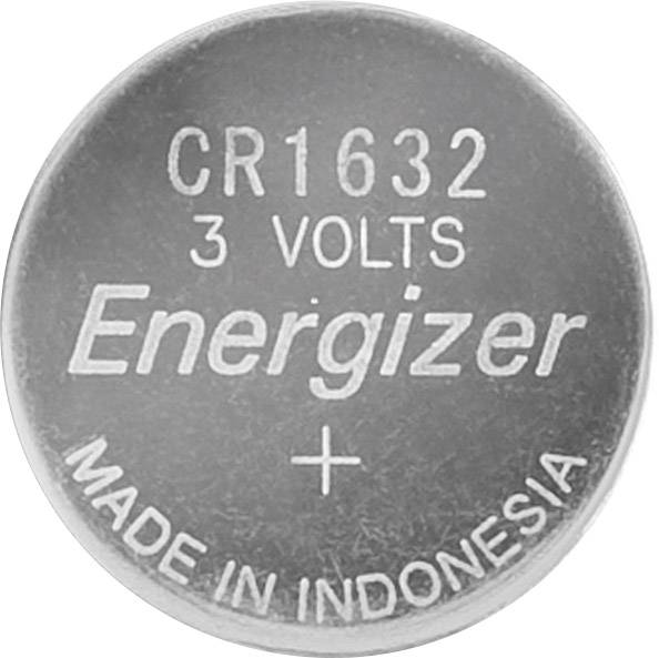 Kerek gombelem, amelynek felső részén a 'CR1632 3 Volts Energizer, Made in Indonesia' felirat szerepel.