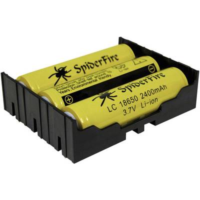 Három sárga lítium-ion akkumulátor műanyag tartóban, „SpiderFire LC 18650 2400mAh 3.7V" felirattal ellátva.