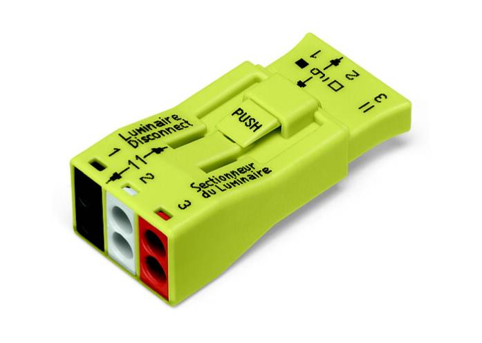 Egy sárga elektromos csatlakozókapocs a "Lámpatest", "Szétszerelő" és "Lámpatest leválasztó" feliratokkal, színjelölésekkel ellátva.