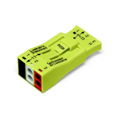 Egy sárga elektromos csatlakozókapocs a "Lámpatest", "Szétszerelő" és "Lámpatest leválasztó" feliratokkal, színjelölésekkel ellátva.