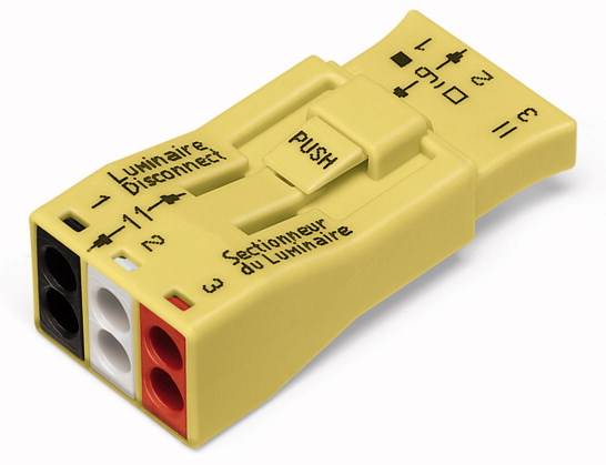 Sárga elektromos csatlakozómodul 'Luminaire Disconnect' felirattal, három színes aljzattal és feliratozással.