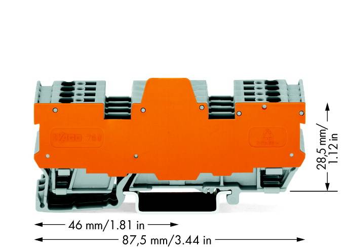 Narancssárga fényű elektromos csatlakozóblokk, méretei: 46 mm x 87,5 mm x 28,5 mm.