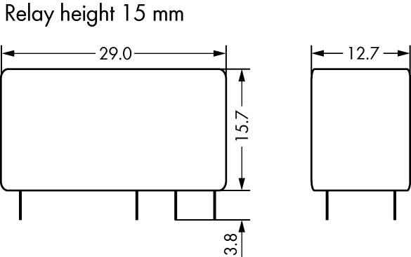 Relé diagramja méretekkel: magasság 15 mm, szélesség 29 mm, mélység 12,7 mm. Mutatja a csatlakozók pozícióit.