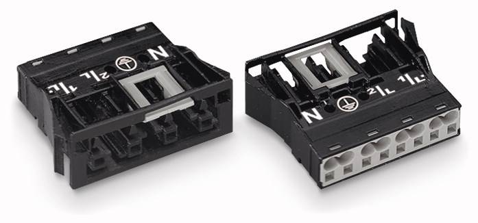 Két fekete elektronikai csatlakozó, fehér 'N', '1', '2' feliratokkal és szimbólumokkal, egymás mellett fekszik különböző nézetekből.