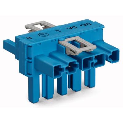 Egy kék elektromos csatlakozó több csatlakozókapoccsal és szürke klipszekkel, amelyet műszaki vagy ipari alkalmazásokhoz terveztek.