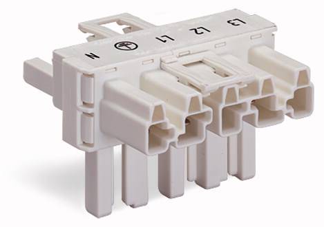 Egy fehér elektromos csatlakozó több csatlakozóponttal, 1-től 3-ig számozva, N felirattal, amely különböző csatlakozási lehetőségeket mutat.