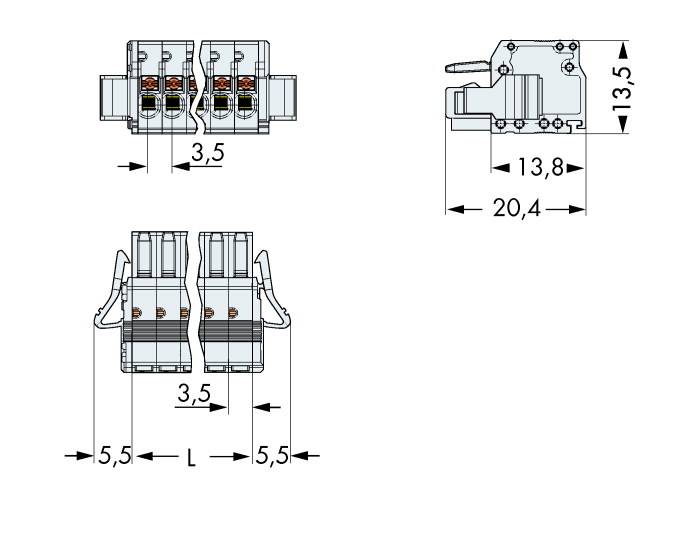 Műszaki rajz egy elektromos csatlakozóról méretekkel: szélesség 3,5 mm, hosszúság 20,4 mm, magasság 13,8 mm. Felülnézet, elölnézet és oldalnézet látható.