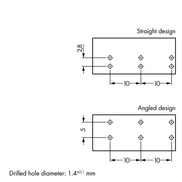 A diagram két lyukformát mutat: 'Egyenes kialakítás' párhuzamosan fúrt lyukakkal (28 mm távolság), 'Szögletes kialakítás' (5 mm távolság). Fúrólyuk átmérője: 1,4 ±0,1 mm.