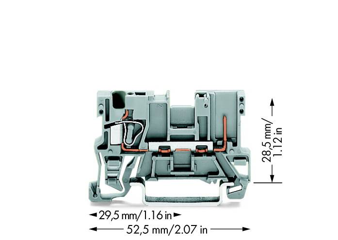 Egy szürke elektromos alkatrész méretei: magasság 28,5 mm (1,12 hüvelyk) és szélesség 52,5 mm (2,07 hüvelyk).