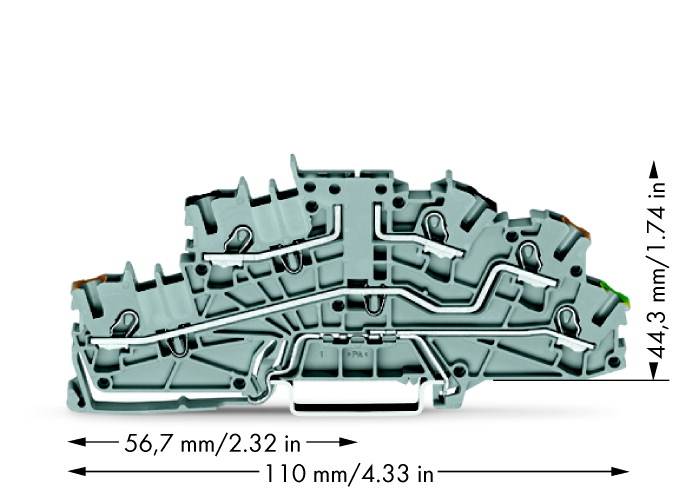 Zöld-szürke elektromos alkatrész fehér háttérrel, méretei: szélesség 56,7 mm, magasság 44,3 mm, hosszúság 110 mm.
