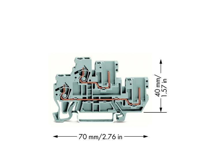 A szürke elektromos csatlakozókapocs-blokk ábrázolása méretekkel: szélesség 70 mm (2,76 hüvelyk) és magasság 40 mm (1,57 hüvelyk).