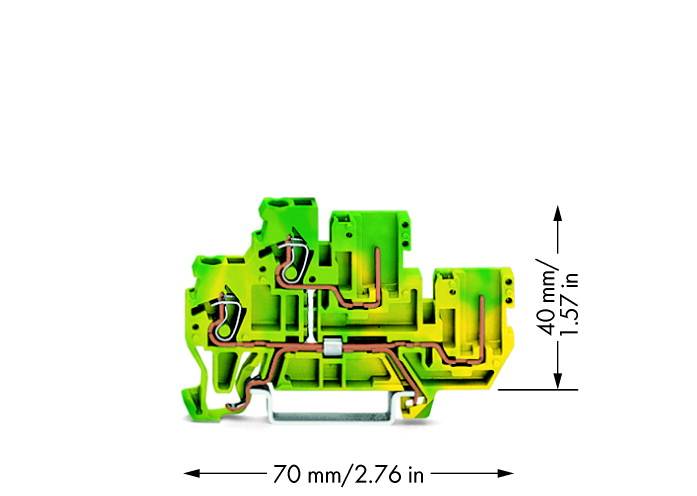 Zöld és sárga elektromos csatlakozóblokk méretei: 70 mm széles, 40 mm magas.
