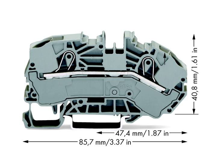 Szürke DIN-sínes kapocs réteges nézettel és méretekkel: 40,8 mm magas, 47,4 mm mély, 85,7 mm széles.