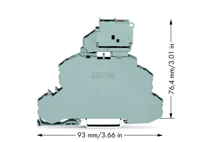 Zöld leválasztókapocs-tartó, 93 mm (3,66 hüvelyk) széles, 76,4 mm (3,01 hüvelyk) magas.