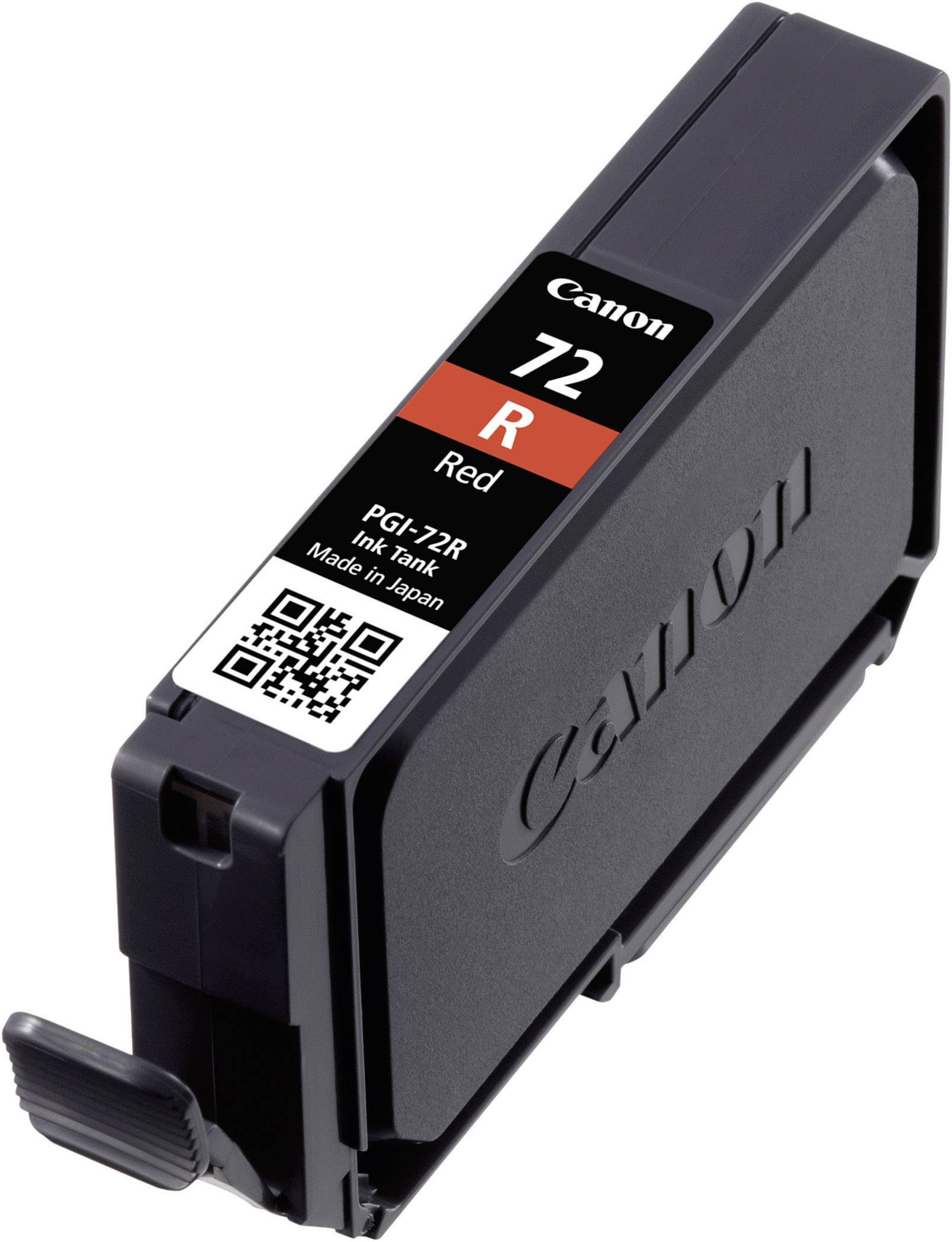 Egy piros Canon nyomtatópatron, PGI-72 R modell, amelynek a címkéjén egy QR-kód látható.